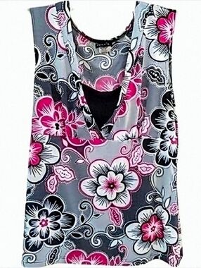 JKLA California Floral Sleeveless Tank Top. Fitted & Flattering V-Neck Sz. L